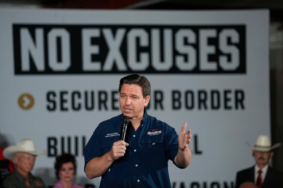 Republican presidential candidate Florida Gov. Ron DeSantis speaks during a town hall meeting in Eagle Pass, Texas, Monday, June 26, 2023. (AP Photo/Eric Gay)