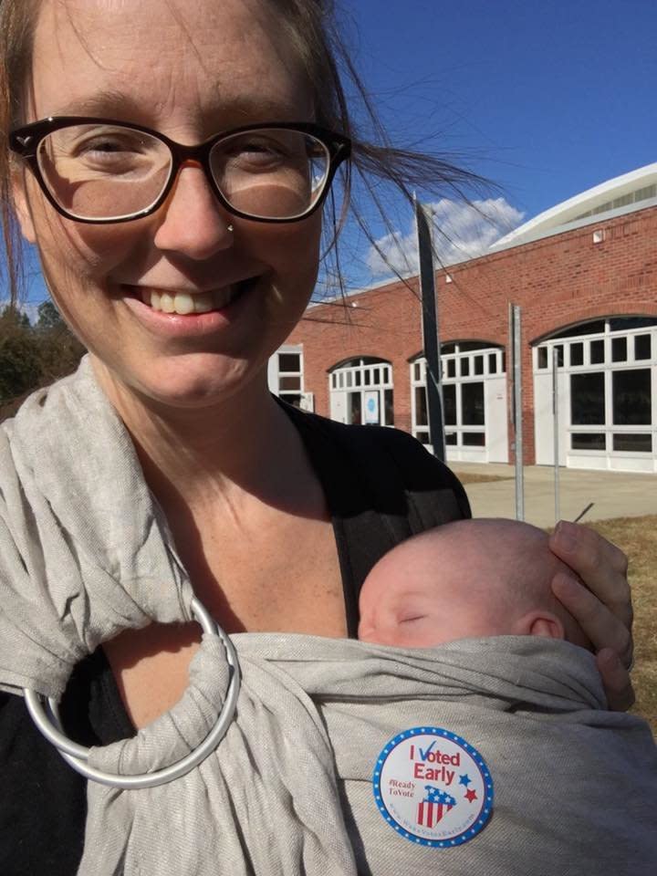 Me and my 5-week-old daughter. This election has been triggering as a woman, but now having my first daughter has really given me a reason to advocate and vote for the sort of world I want/need her to grow up in. Teach your daughters to care less about fitting into glass slippers and more about shattering glass ceilings.