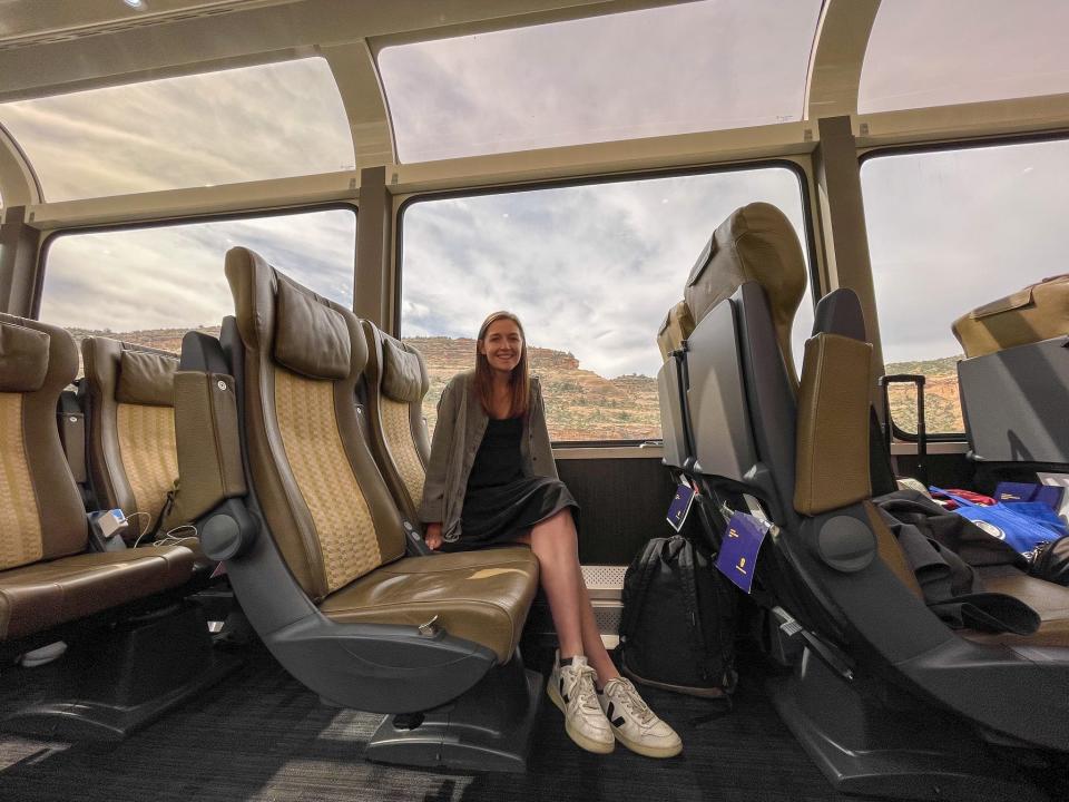 The author in her standard seat on the Rocky Mountaineer.