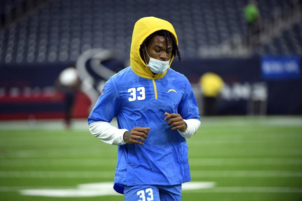 Derwin James Jr. warms up before a Chargers game against the Houston Texans.