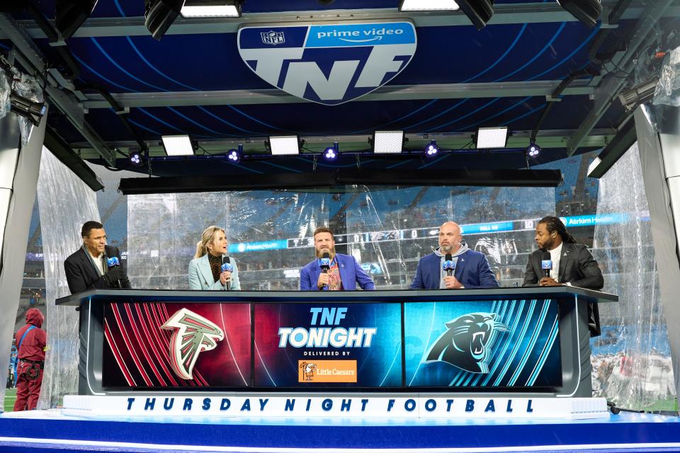 Thursday Night Football booth on Amazon Prime Video, from left to right: Tony Gonzalez, Charissa Thompson, Ryan Fitzpatrick, Andrew Whitworth and Richard Sherman.