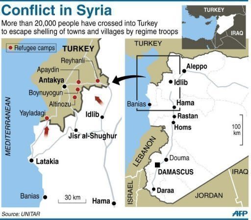 Map of Syria locating main cities as well as refugee camps across the border in Turkey. Syria on Sunday demanded guarantees that armed groups cease fire before withdrawing its troops from protest hubs as agreed with special envoy Kofi Annan, even as a UN truce deadline loomed