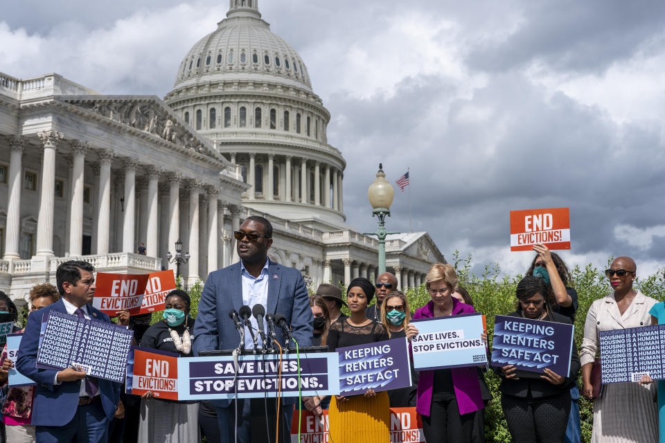 Rep. Mondaire Jones, D-N.Y., joins progressive lawmakers to advocate for reimposing a nationwide eviction moratorium that lapsed last month, at the Capitol in Washington, Tuesday, Sept. 21, 2021. (AP Photo/J. Scott Applewhite)