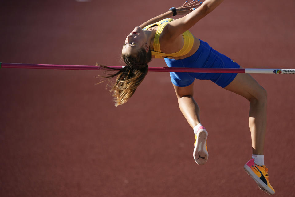 Yaroslava Mahuchikh, of Ukraine, competes during the women's high jump final at the World Athletics Championships on Tuesday, July 19, 2022, in Eugene, Ore. (AP Photo/Gregory Bull)