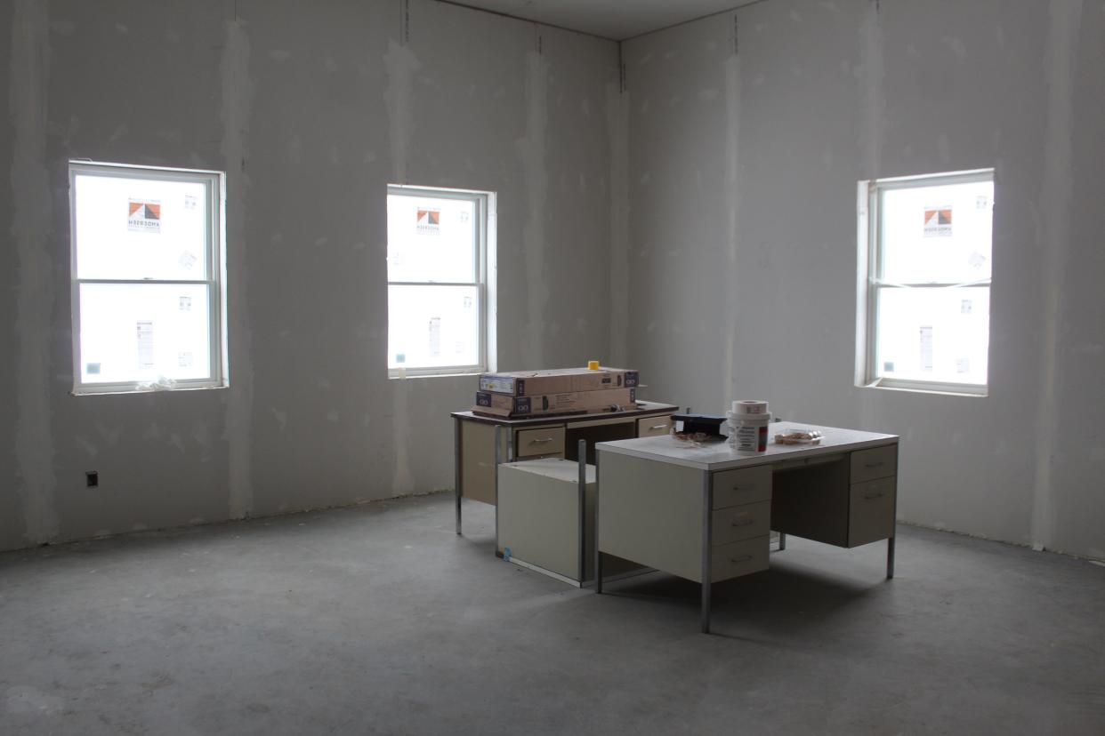 Much of the interior of the newly constructed building, including the front offices, has been drywalled and mudded, with crews of volunteers working earlier this week to sand the drywall and prepare it for painting.