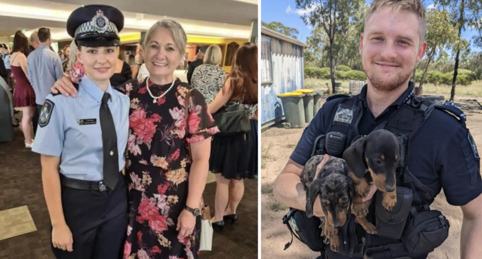 Constable McCrow and her mum at her graduation (left) and Constable Matthew holding two dogs (right).