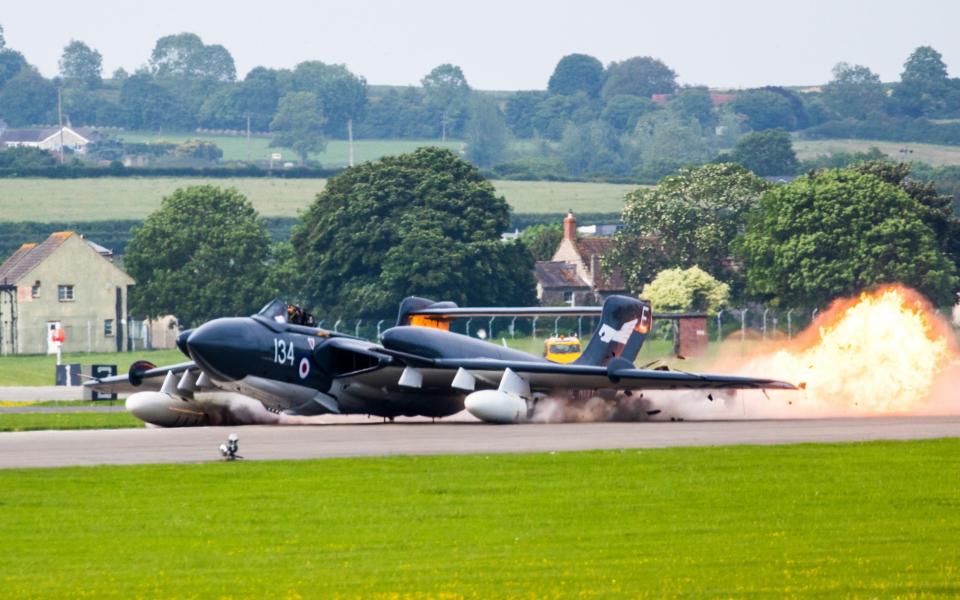  the last remaining Sea Vixen plane doing an emergency landing at Yeovilton air base in Somerset  - Credit: Bav Media