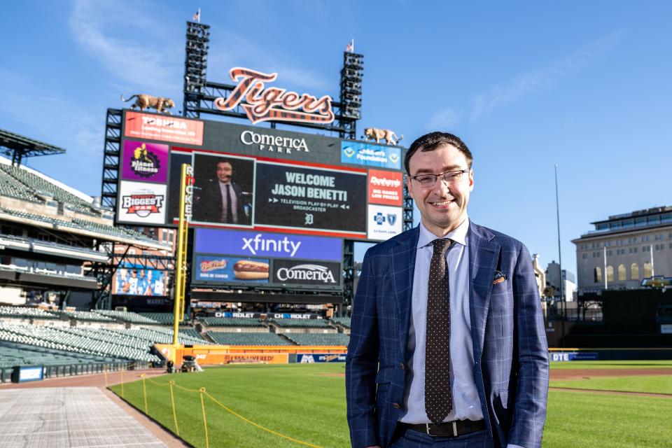 New Tigers TV broadcaster Jason Benetti at Comerica Park on Thursday, Nov. 9, 2023.