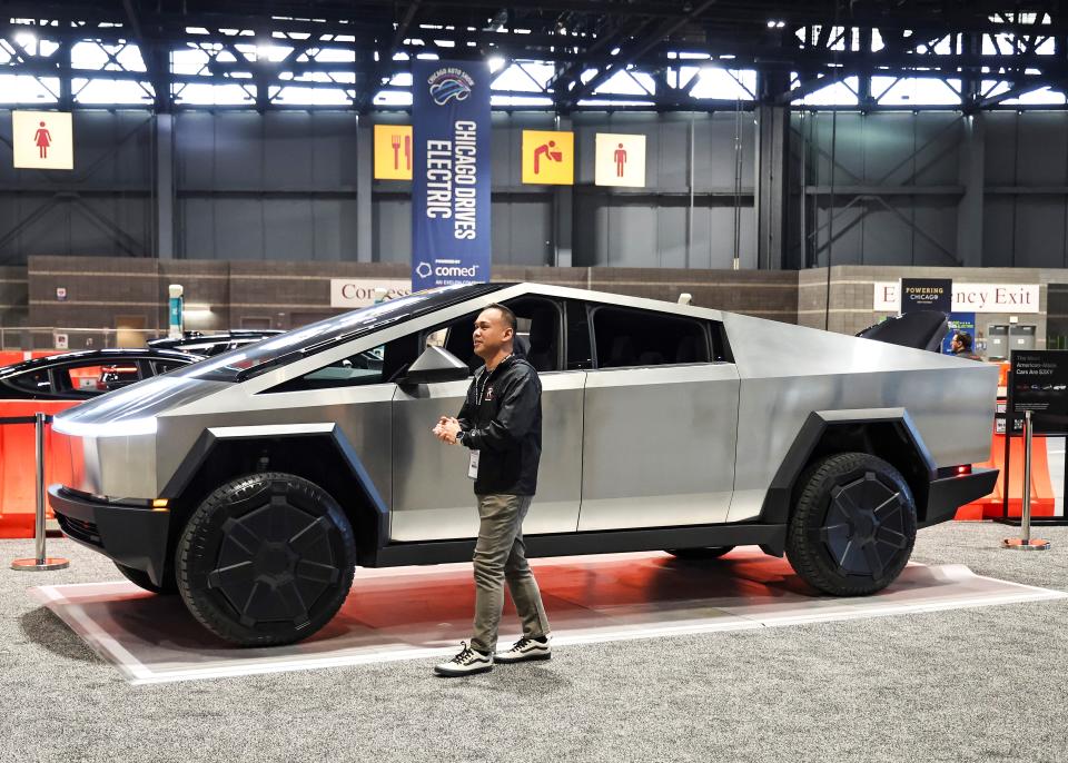 This photo taken on Feb. 8, 2024 shows a Tesla Cybertruck at the 2024 Chicago Auto Show at McCormick Place in Chicago, the United States. The 2024 Chicago Auto Show featuring 20-plus manufacturers from all over the world will last from Feb. 10 to 19. (Photo by Joel Lerner/Xinhua via Getty Images)