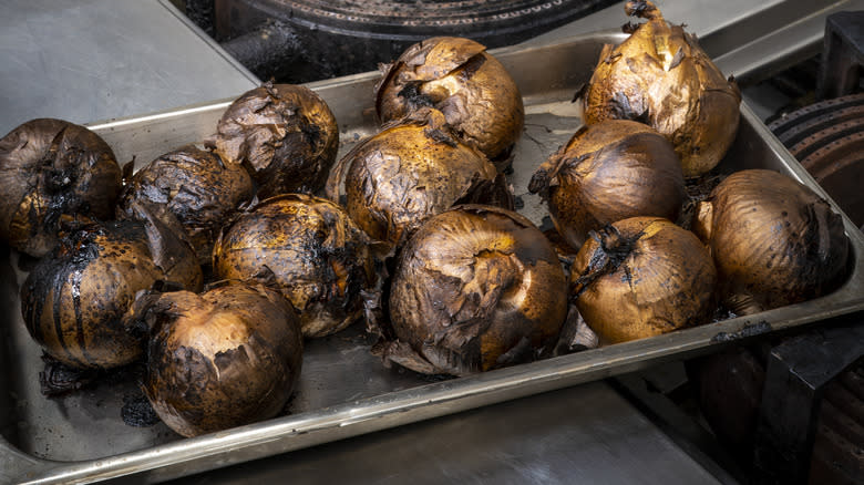 roasted onions in metal tray