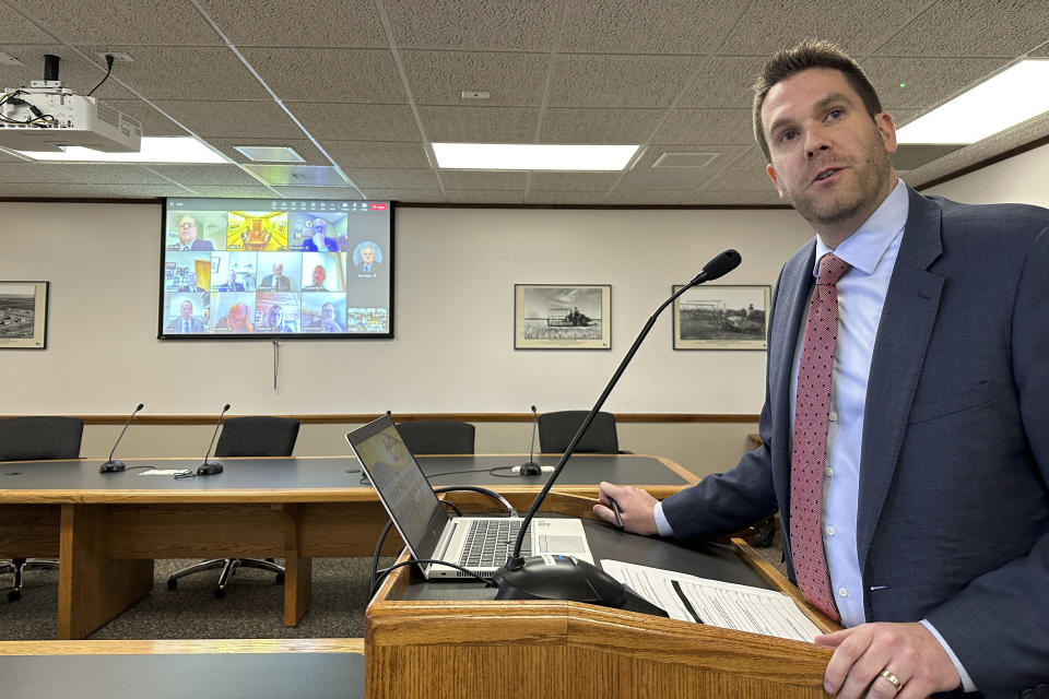 North Dakota Secretary of State Michael Howe addresses Legislative Management during a video conference meeting of the top legislative panel, Wednesday, April 3, 2024, at the state Capitol in Bismarck, N.D. The bipartisan panel of lawmakers convened to discuss and approve a cost estimate for a proposed congressional age limit that voters will decide through a ballot initiative in the June 11 election. Lawmakers approved a $1 million fiscal impact, expecting litigation over the age limit. (AP Photo/Jack Dura)