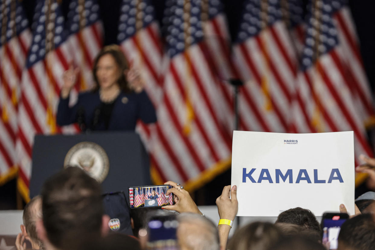 A member of the crowd holds up a Kamala sign as Vice President and Democratic Presidential candidate Kamala Harris speaks at West Allis Central High School.