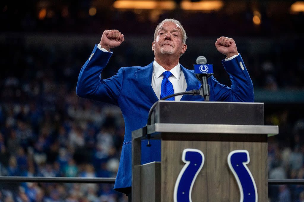 Indianapolis Colts owner Jim Irsay reacts to applause during Dwight Freeney"u2019s induction in the team"u2019s Ring of Honor during halftime of the game against the Miami Dolphins