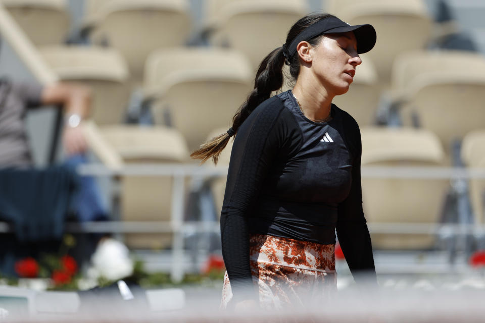 Jessica Pegula of the U.S. reacts during her third round match of the French Open tennis tournament against Belgium's Elise Mertens, at the Roland Garros stadium in Paris, Friday, June 2, 2023. (AP Photo/Jean-Francois Badias)