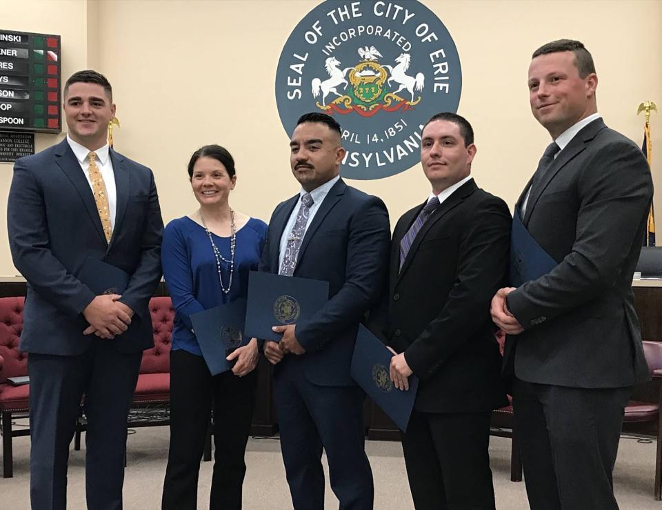 The Erie Bureau of Police swore in five new officers onto the city police force on June 26, 2023. The new officers are, from left, Andrew Berger, Beth Servidio, Jose Montes, Andrew Turi, and Troy Honard.