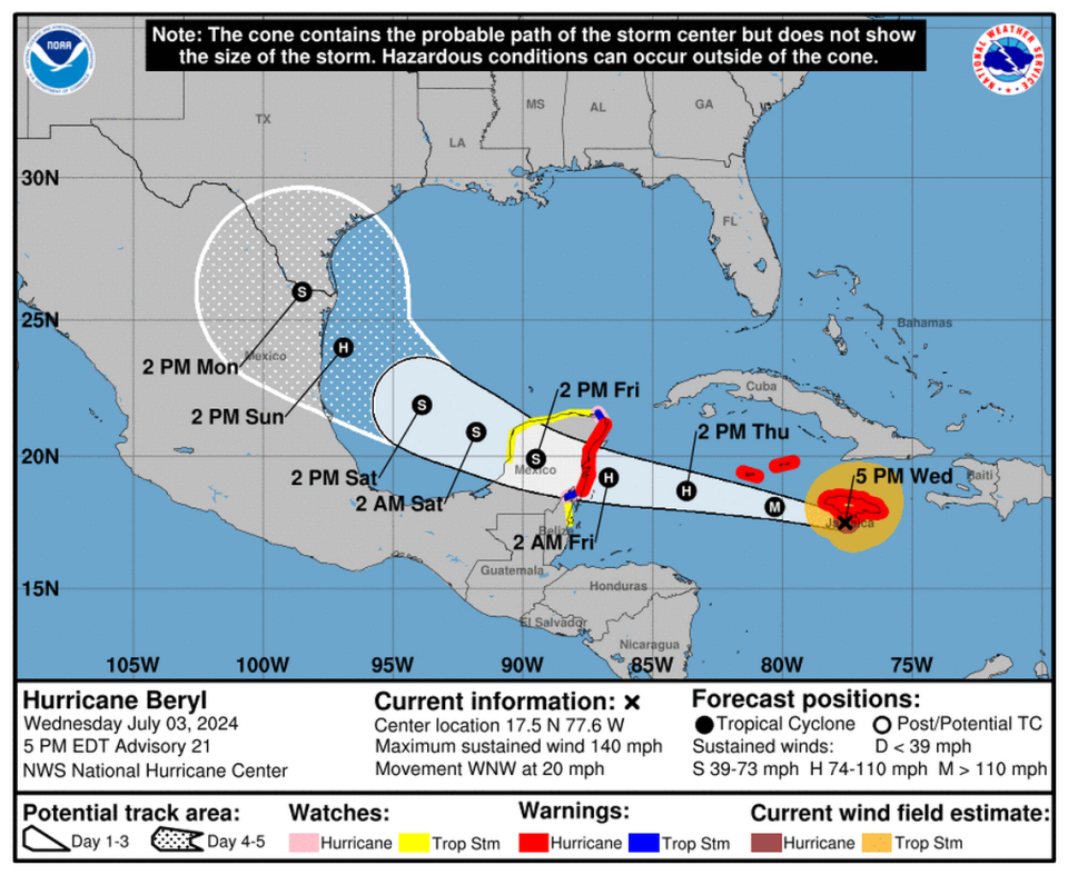 A National Hurricane Center map shows Hurricane Beryl’s predicted path through the Caribbean Sea.