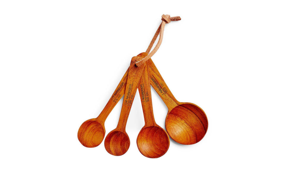 <p>Teak Measuring Spoons, $30, <a href="http://www.abchome.com/shop/teak-measuring-spoons-set-of-4-1370878" rel="nofollow noopener" target="_blank" data-ylk="slk:ABC Homes & Carpet;elm:context_link;itc:0;sec:content-canvas" class="link ">ABC Homes & Carpet</a></p>