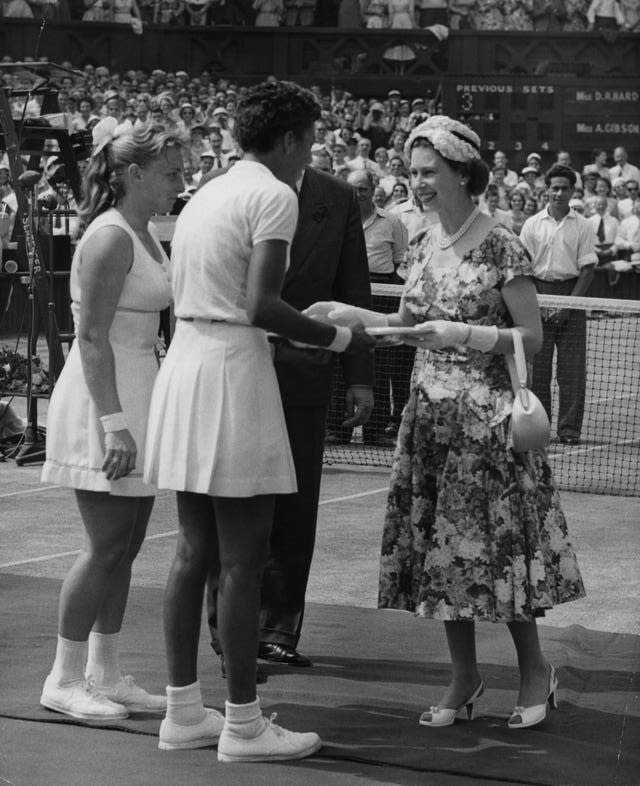 Queen Elizabeth II paid her first visit to Wimbledon since being crowned in 1957 presenting American player Althea Gibson with the gold salver after she beat fellow American Darlene Hard in the Ladies Singles Final