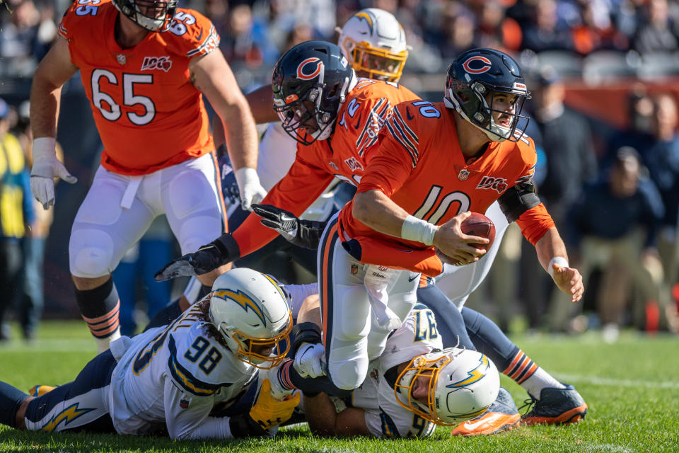 =====CHICAGO, IL - OCTOBER 27:  Chicago Bears Quarterback Mitchell Trubisky (10) is sacked by Los Angeles Chargers Defensive End Joey Bosa (97) in the 1st quarter during an NFL football game between the Los Angeles Chargers and the Chicago Bears on October 27, 2019, at Soldier Field in Chicago, IL. (Photo by Daniel Bartel/Icon Sportswire via Getty Images)