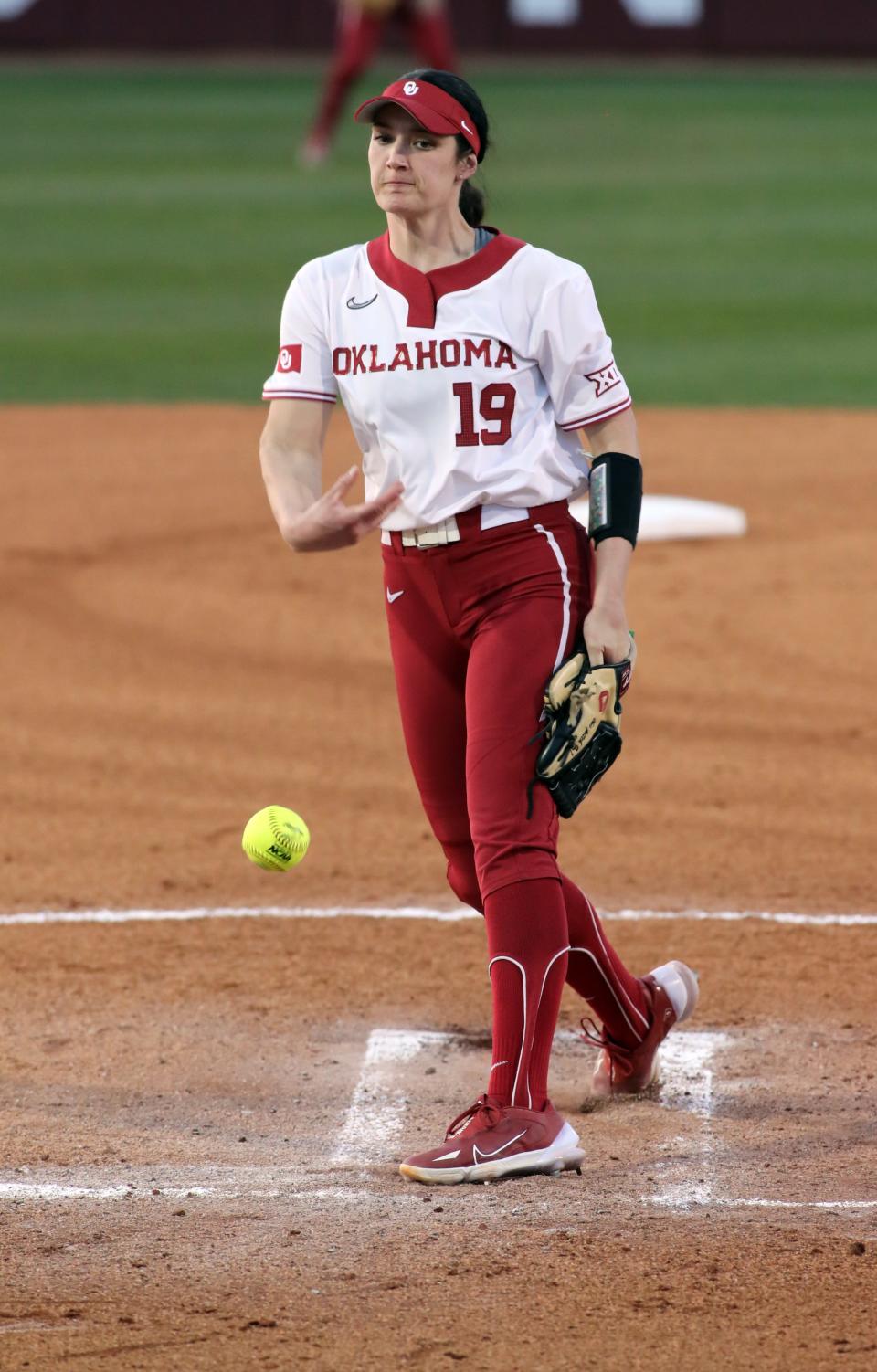 OU pitcher Nicole May improved to 9-0 on the season Saturday, allowing two earned runs on two hits and four walks in four innings at Iowa State.