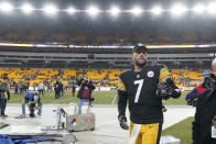 Pittsburgh Steelers quarterback Ben Roethlisberger (7) leaves the field after defeating the Baltimore Ravens in an NFL football game, Sunday, Dec. 5, 2021, in Pittsburgh. The Steelers won 20-19. (AP Photo/Gene J. Puskar)