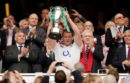 Britain Rugby Union - England v Wales - Old Mutual Wealth Cup - Twickenham Stadium, London, England - 29/5/16 England's Dylan Hartley celebrates with the trophy after the game Action Images via Reuters / Henry Browne Livepic EDITORIAL USE ONLY.