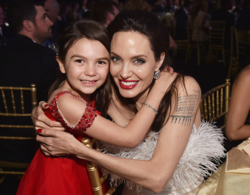 SANTA MONICA, CA - JANUARY 11: Actor Brooklynn Prince (L) and director-actress Angelina Jolie attend The 23rd Annual Critics' Choice Awards at Barker Hangar on January 11, 2018 in Santa Monica, California