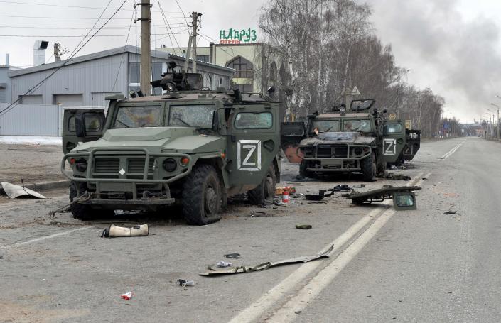 Russian infantry GAZ Tigr vehicles destroyed as a result of  fighting in Kharkiv, seen on Feb. 28, 2022.