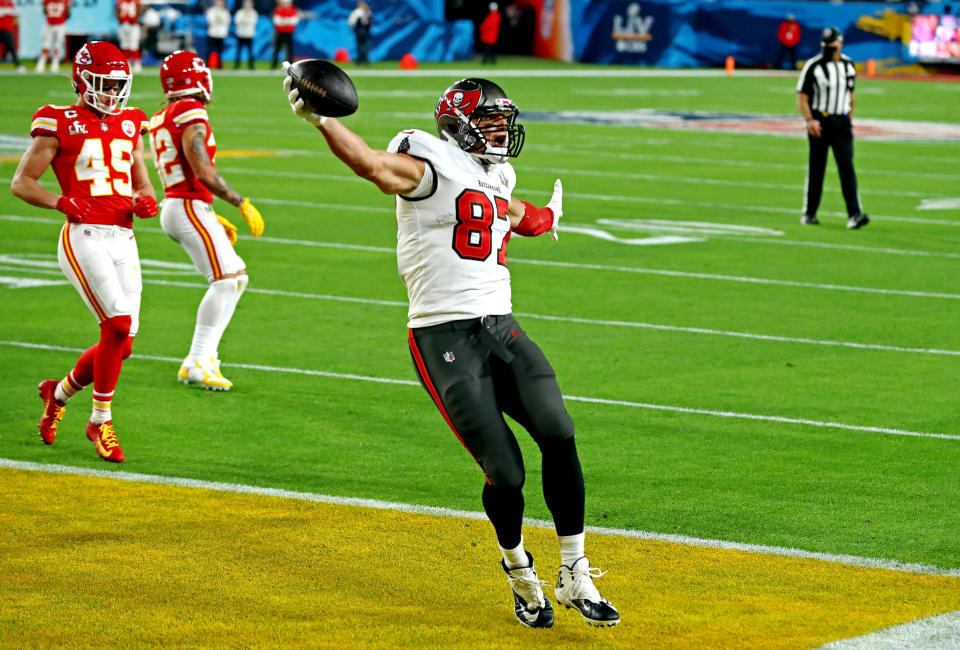 Feb 4, 2020; Tampa, FL, USA;  Tampa Bay Buccaneers tight end Rob Gronkowski (87) celebrates scoring a touchdown during the first quarter against the Kansas City Chiefs in Super Bowl LV at Raymond James Stadium.  Mandatory Credit: Matthew Emmons-USA TODAY Sports     TPX IMAGES OF THE DAY