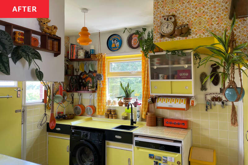 Vintage yellow cabinets and tile in kitchen after renovation.