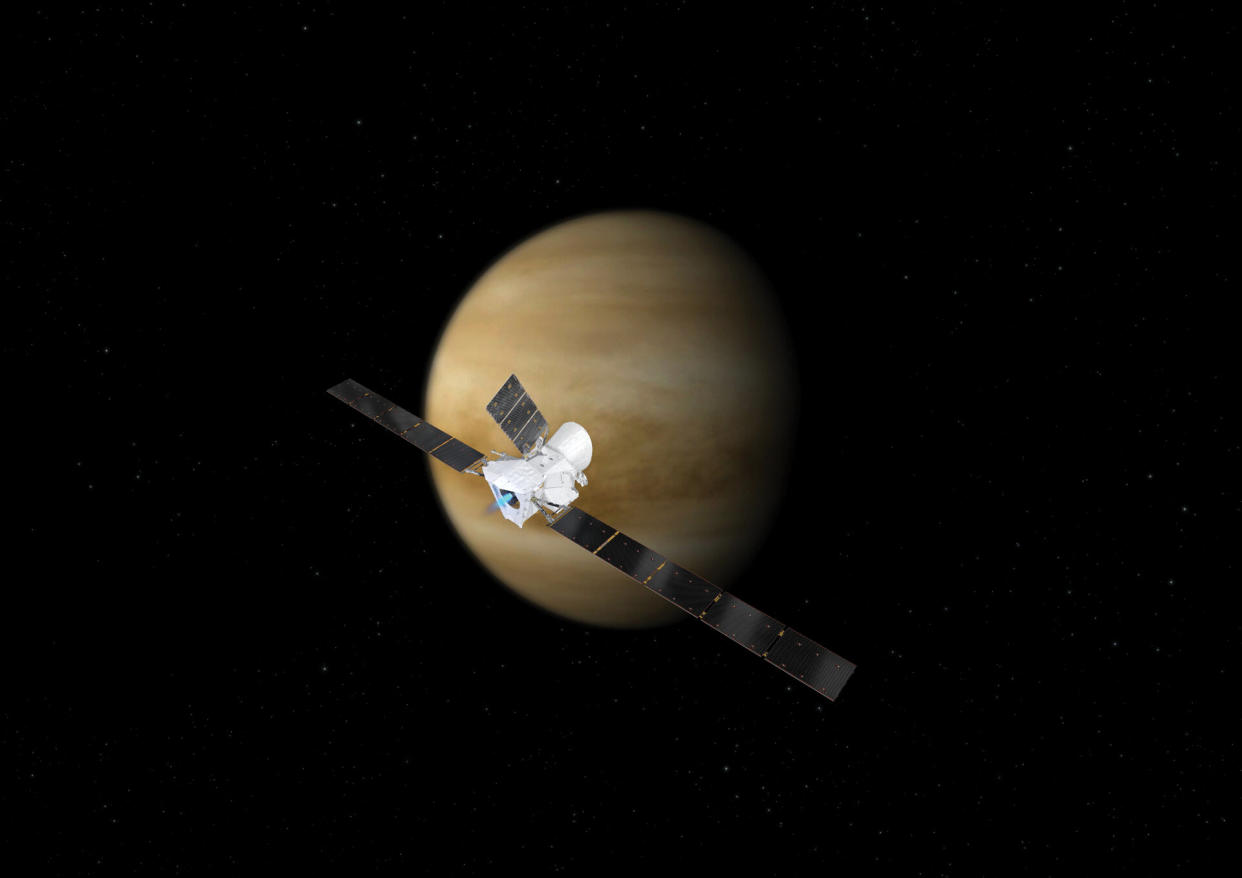  An artist's depiction of the BepiColombo mission flying past Venus. 