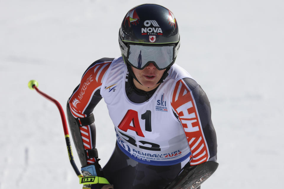 Canada's Marie Michele Gagnon checks her time at the finish area of an alpine ski, women's World Championships super G, in Meribel, France, Wednesday, Feb. 8, 2023. (AP Photo/Marco Trovati)