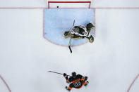 Philadelphia Flyers' Joel Farabee (86) scores a goal against Minnesota Wild's Marc-Andre Fleury (29) during the second period of an NHL hockey game, Thursday, March 23, 2023, in Philadelphia. (AP Photo/Matt Slocum)