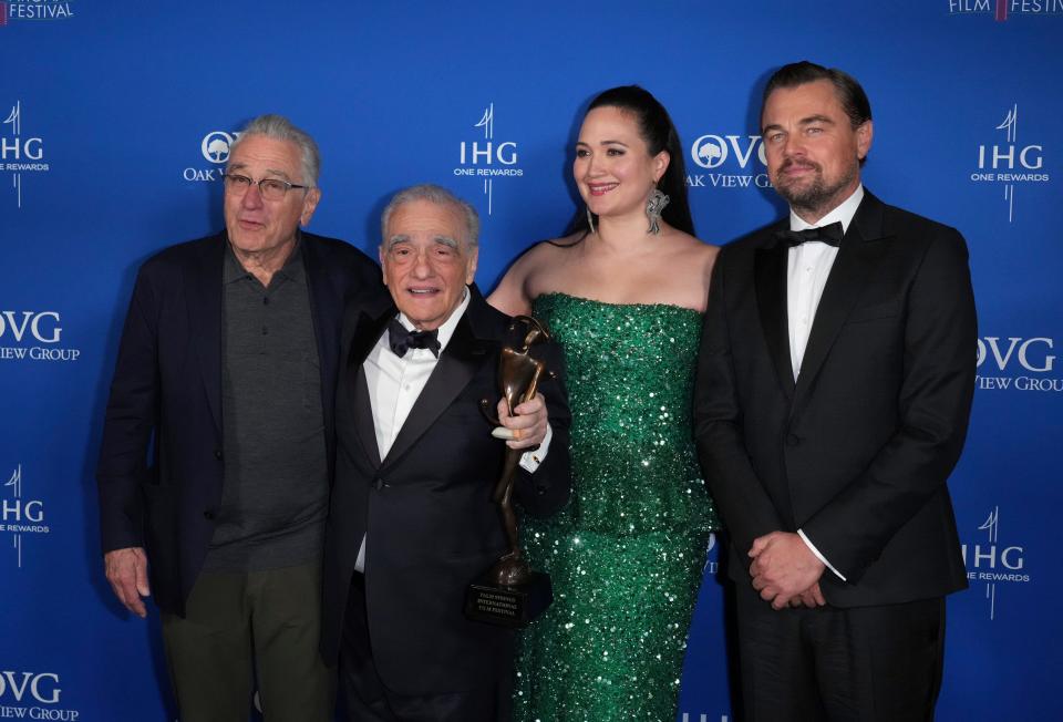 Robert De Niro, from left, Martin Scorsese, Lily Gladstone, and Leonardo DiCaprio, winners of the vanguard award for "Killers of the Flower Moon", pose in the press room at the 35th annual Palm Springs International Film Festival Awards Gala on Thursday, Jan. 4, 2024, in Palm Springs, Calif. (Photo by Jordan Strauss/Invision/AP)