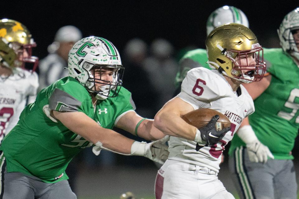 Watterson's Dominic Purcell returns an interception for a touchdown during a 27-14 state semifinal win over Celina.