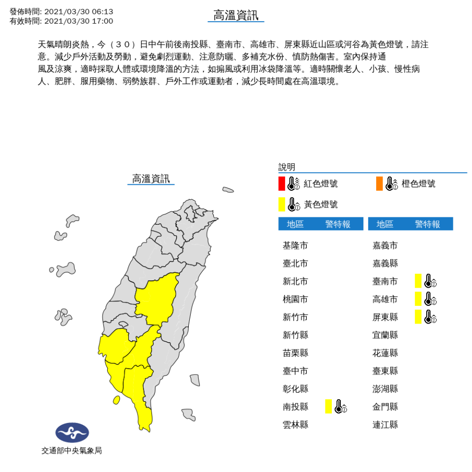 今天天氣晴朗炎熱，中午前後南投縣、台南市、高雄市、屏東縣近山區或河谷，高溫可達攝氏36度的黃色燈號警報，民眾請注意。   圖：中央氣象局/提供