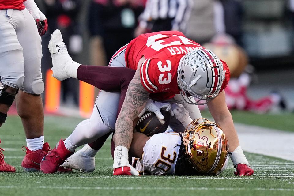 Ohio State defensive end Jack Sawyer had six tackles, a sack, a forced fumble and 3½ tackles for loss in a 37-3 win over Minnesota.