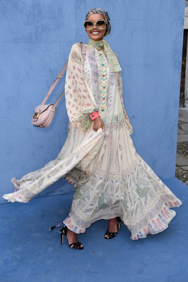 Halima Aden front row at the Etro runway show during Milan Fashion Week in January.