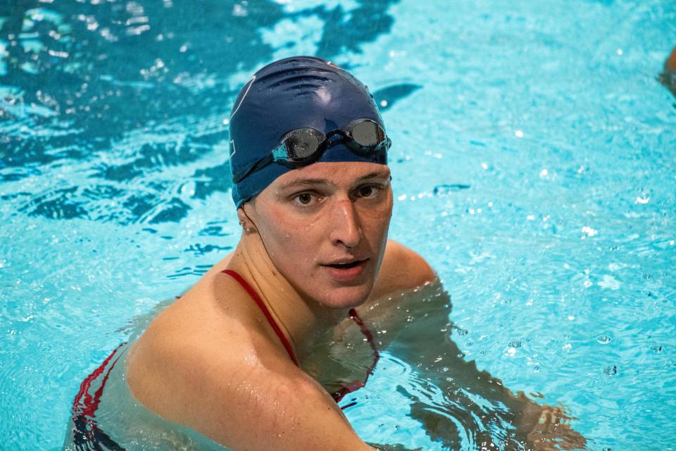 Lia Thomas, a transgender woman, finishes the 200 yard Freestyle for the University of Pennsylvania at an Ivy League swim meet against Harvard University in Cambridge, Massachusetts, on January 22, 2022. - Thomas placed first in the event. (Photo by Joseph Prezioso / AFP) (Photo by JOSEPH PREZIOSO/AFP via Getty Images)