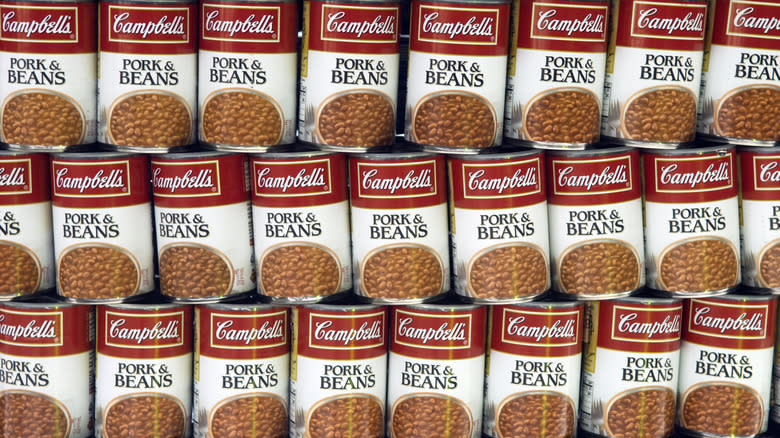 stacks of pork & beans cans