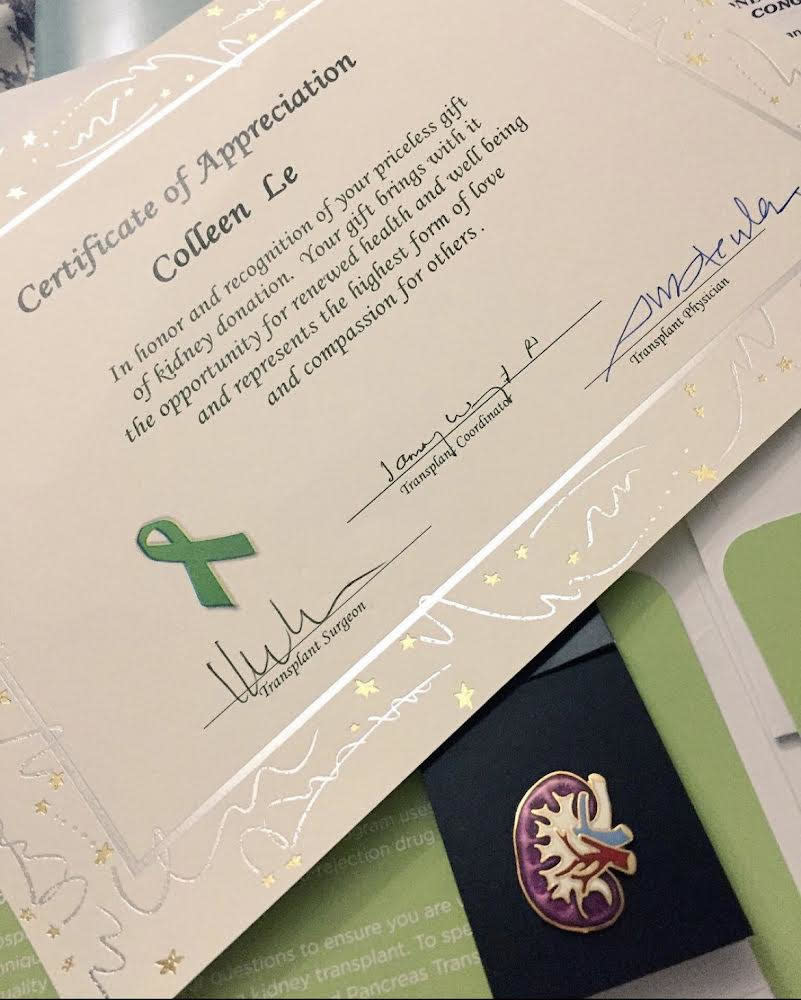 A certificate to honor Colleen's kidney donation