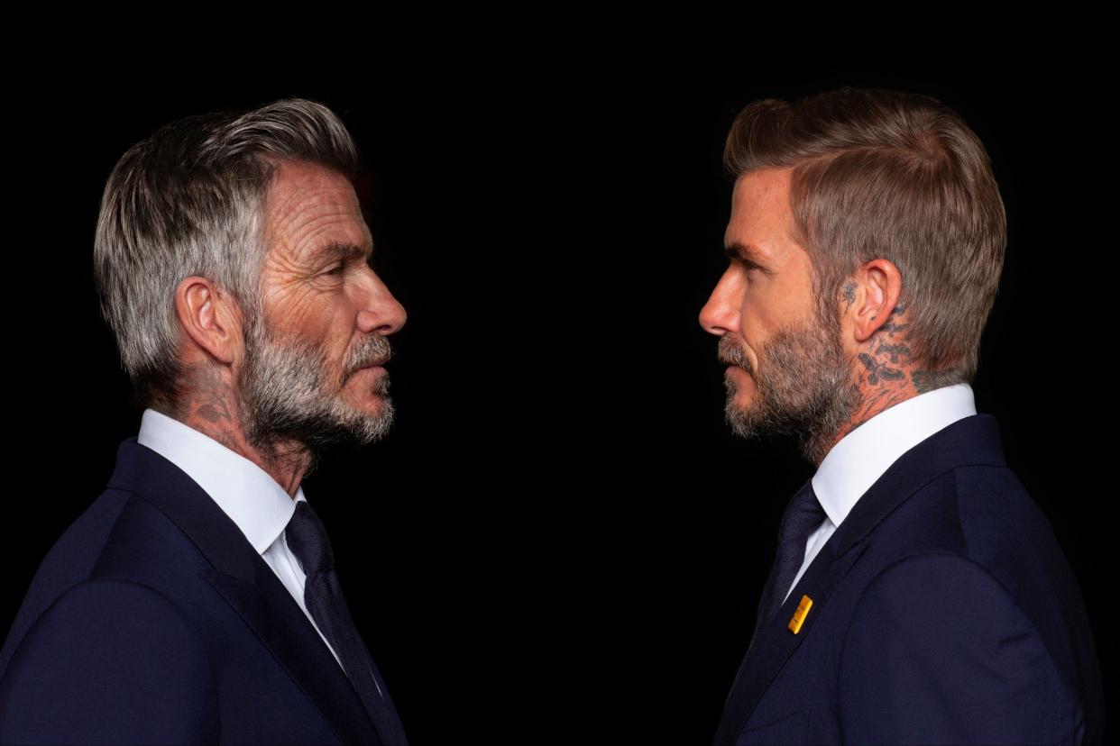 David Beckham looking into the eyes of a digitally aged version of himself, as part of a campaign calling for action to help prevent deaths from malaria (PA)