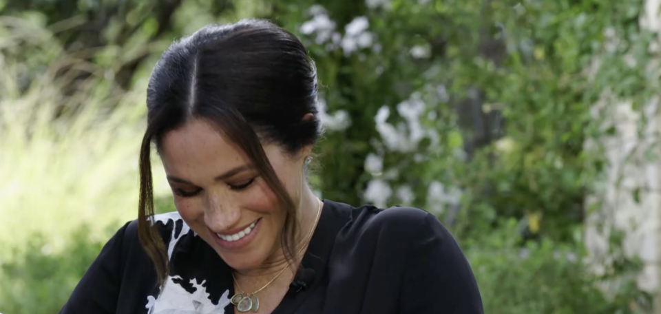 Meghan Markle laughing during Oprah interview