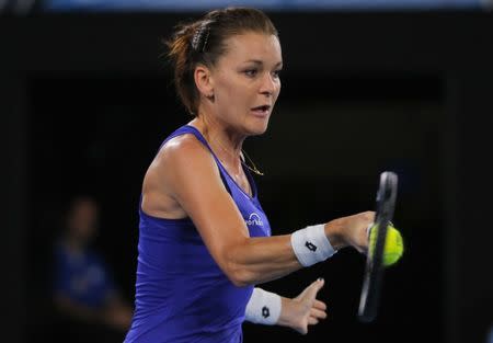 Tennis - Australian Open - Melbourne Park, Melbourne, Australia - 17/1/17 Poland's Agnieszka Radwanska hits a shot during her Women's singles first round match against Bulgaria's Tsvetana Pironkova. REUTERS/Jason Reed