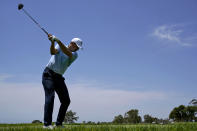 Jordan Spieth plays his shot from the 14th tee during a practice round of the U.S. Open Golf Championship, Tuesday, June 15, 2021, at Torrey Pines Golf Course in San Diego. (AP Photo/Marcio Jose Sanchez)