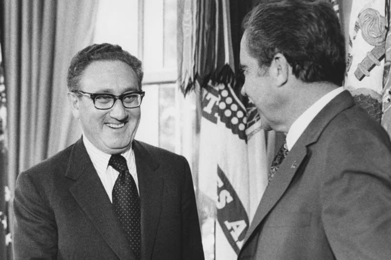 President Richard Nixon congratulates Secretary of State Henry Kissinger at the White House on October 16, 1973, after it was announced that Kissinger and North Vietnamese diplomat Le Duc Tho had shared the Nobel Peace Prize jointly for their work in bringing about a negotiated end to the Vietnam War. UPI Photo/files