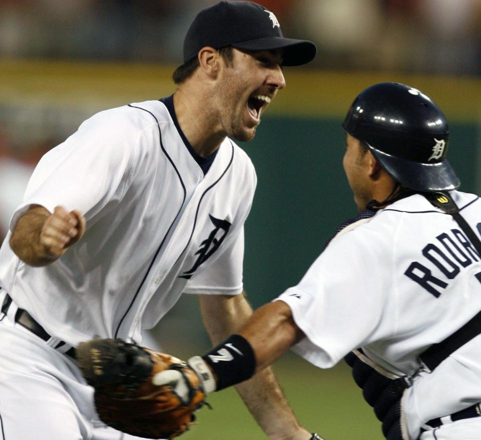 Tigers pitcher Justin Verlander celebrates his no-hitter against the Brewers with catcher Ivan Rodriguez on Tuesday, June 12, 2007, at Comerica Park.