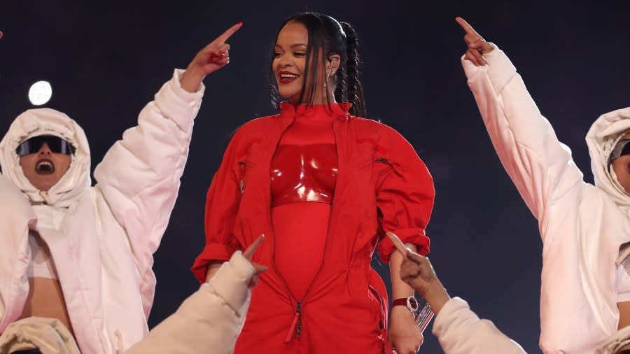 Rihanna is shown onstage during the Apple Music Super Bowl LVII Halftime Show at State Farm Stadium in Glendale, Arizona, on Feb. 12. It has officially earned the Guinness World Record for most watched Super Bowl performance. (Photo by Gregory Shamus/Getty Images)