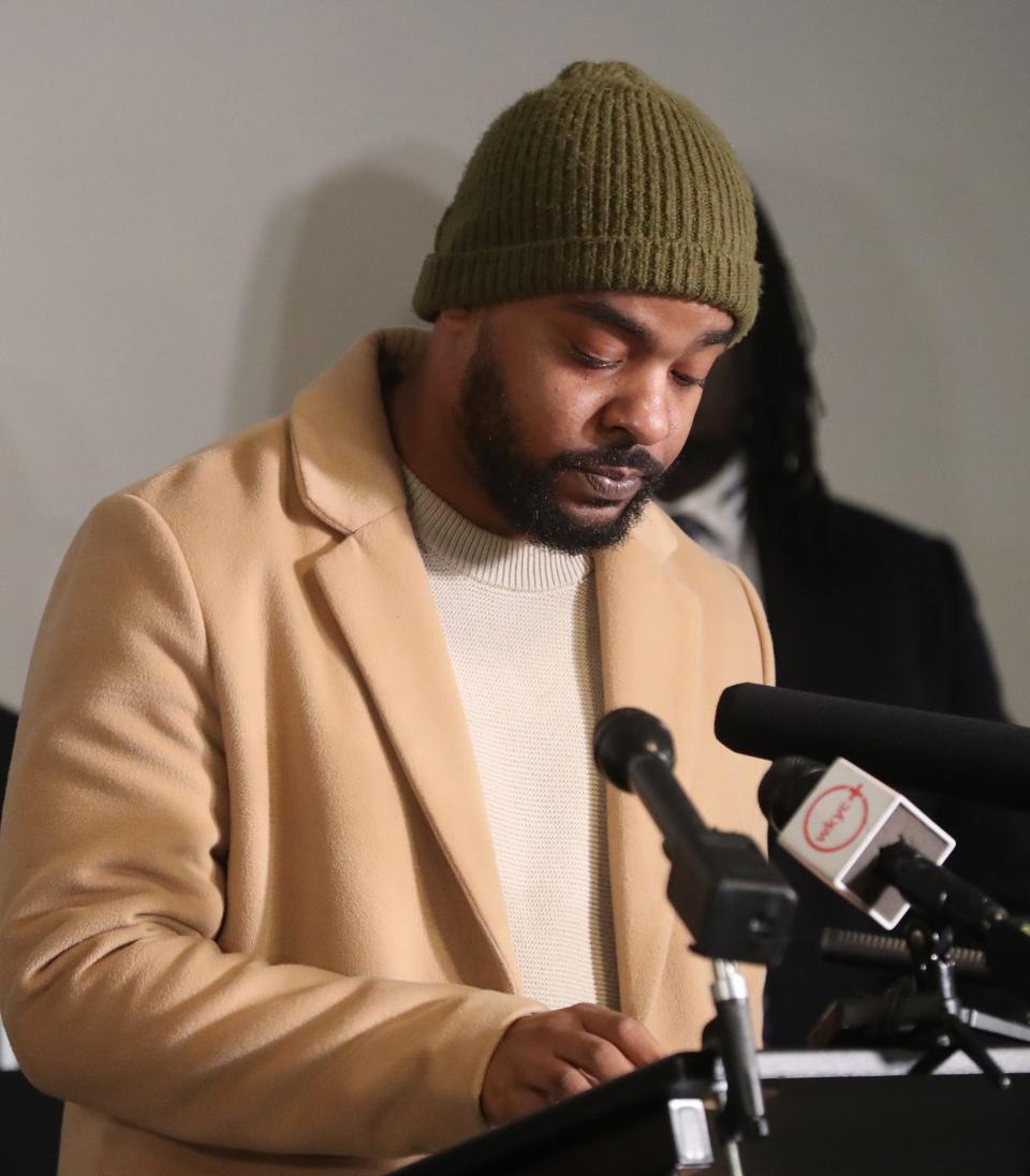 James Koonce, the father of Tavion Koonce-Williams, the 15-year-old shot by an Akron police officer on April 1, talks Friday during a press conference in Akron.