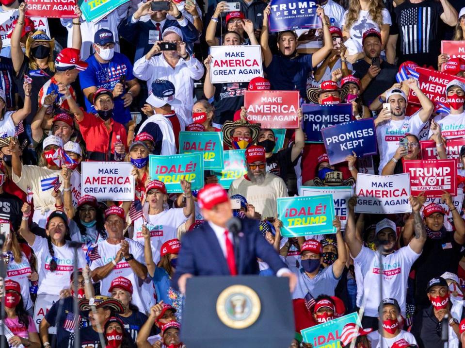 President Donald Trump speaks during his ‘Make America Great Again Victory Rally’ at Opa-locka Executive Airport in Opa-locka, Florida, on Sunday, Nov. 1, 2020. 